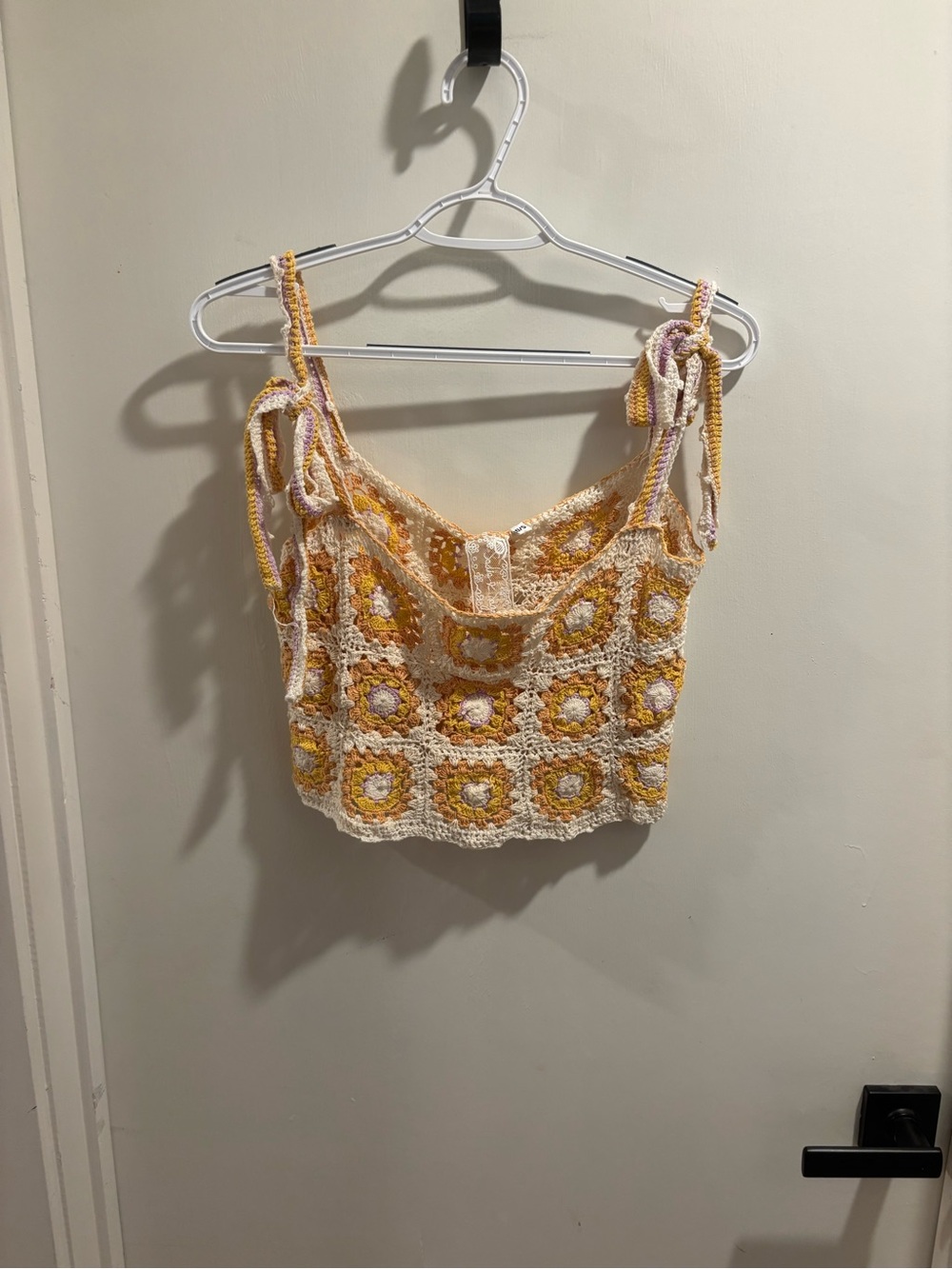 Crochet Tie-Shoulder Tank Top in Yellow and Cream